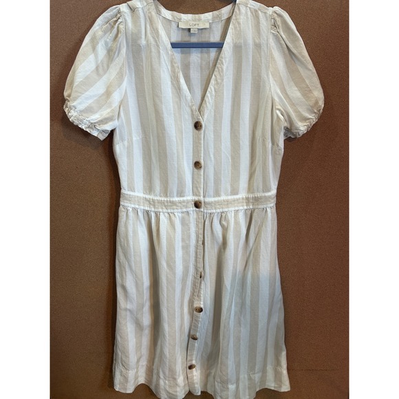 LOFT Dresses & Skirts - LOFT Striped‎ Button Front Dress Womens 8 Beige White Puff Sleeve Excellent